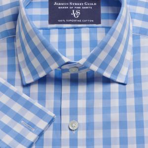 Sky Block Check Poplin Men's Shirt Available in Four Fits (BBS)